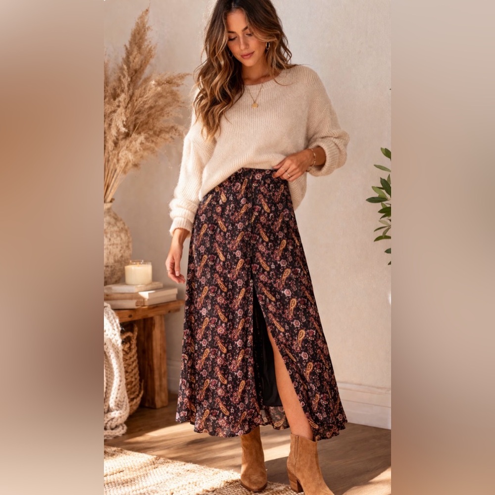 Sage The Label Paisley Floral Button Front Midi Skirt Boho, Size M